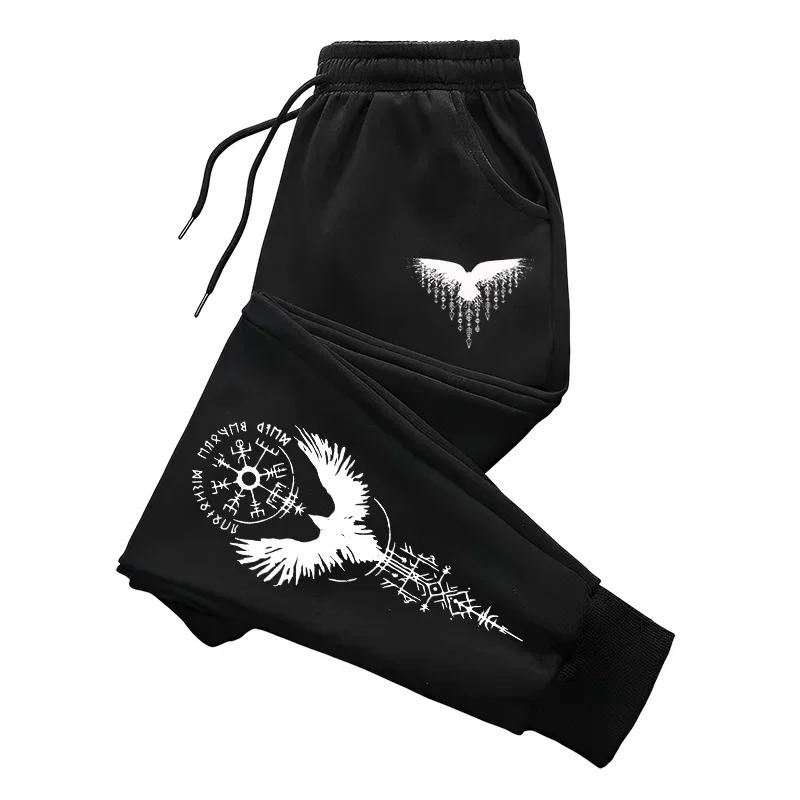 Men Casual Jogger Sweatpants Nordic Raven Symbol Print Elastic Drawstring Waist Ribbed Hem Daily Sports Street Trousers