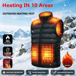 Men's Electric Heated Vest Graphene Heat Coat USB Heating Padded Jacket 10 Zone Dual Switch Autumn Winter Thermal Clothing