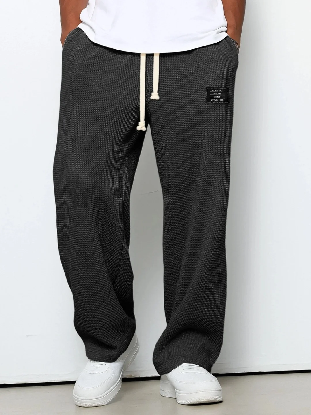 Men's Spring-Autumn Trendy Brand Loose-Fitting Stretchy Straight-Leg Sweatpants. Waffle Fabric. Micro-Bouncy Sporty Casual Pants - Image 4