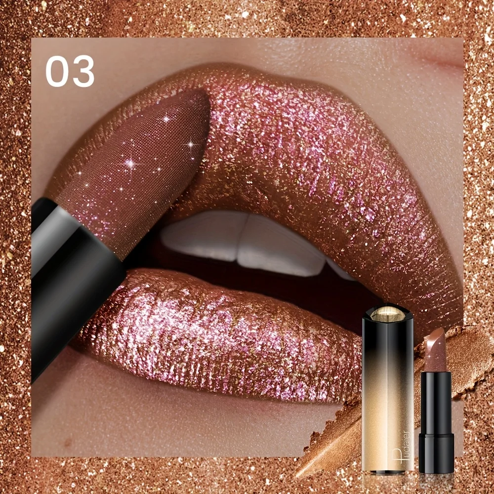 Metallic Shimmer Lipstick, Pearly Glitter Shine, Creamy Texture, High Color Payoff, Smooth Apply, Party Makeup - Image 3