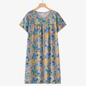 Middle-Aged and Elderly Cotton Silk Short-Sleeved Nightgown Female New Pajamas Summer Thin Mom Loose Home Wear Dress Summer