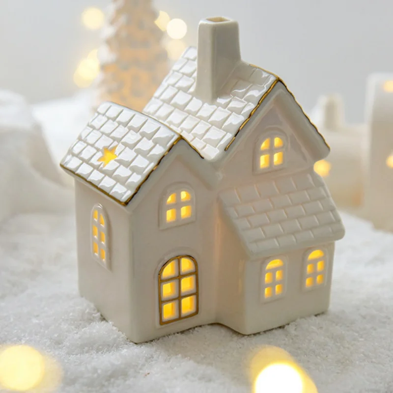 Miniature Christmas Village Houses Decor Snowflake LED Glowing Castle White Porcelain Desktop Ornament Christmas Decorations - Image 2