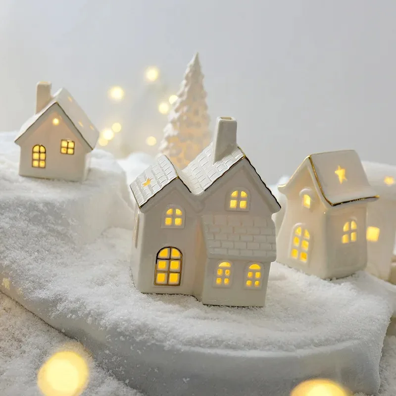 Miniature Christmas Village Houses Decor Snowflake LED Glowing Castle White Porcelain Desktop Ornament Christmas Decorations - Image 4