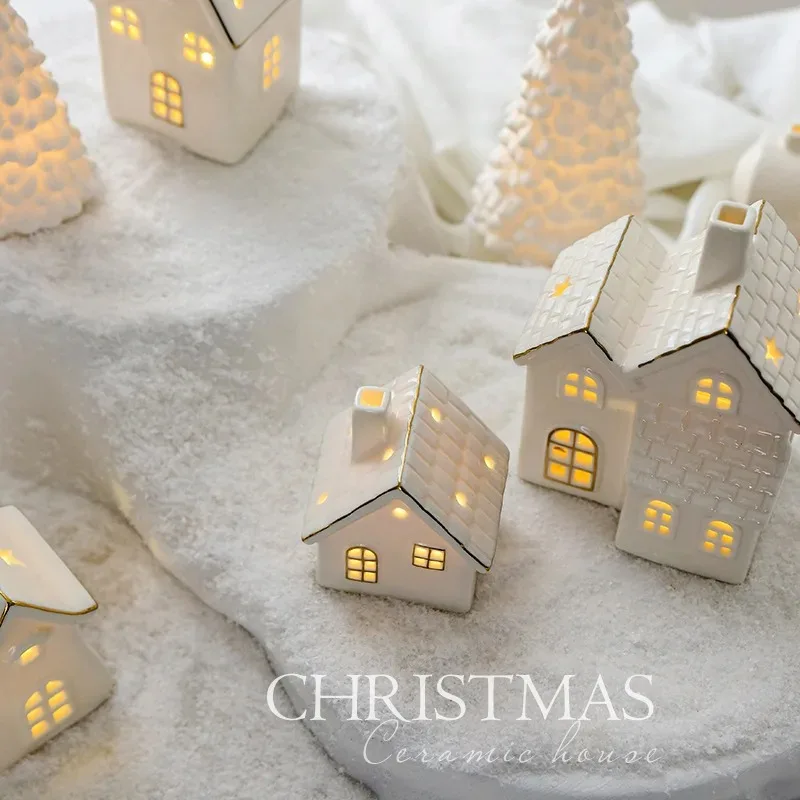 Miniature Christmas Village Houses Decor Snowflake LED Glowing Castle White Porcelain Desktop Ornament Christmas Decorations - Image 3