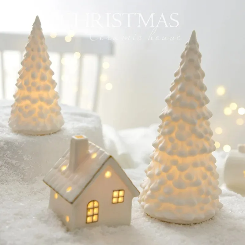 Miniature Christmas Village Houses Decor Snowflake LED Glowing Castle White Porcelain Desktop Ornament Christmas Decorations - Image 5