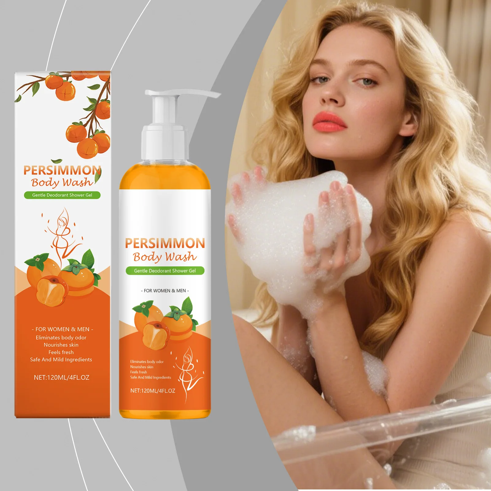 Moisturising Persimmon Body Wash Eliminating Body Odor Smooth Soft Deep Nourishing Refreshing Deodorizing Exfoliating Shower Gel - Image 3