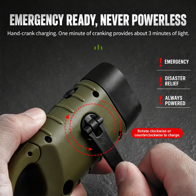 Multi-Purpose Emergency Solar Hand Crank Flashlight Carabiner Hook LED Torch with USB Output Power Bank Portable Rechargeable - Image 2