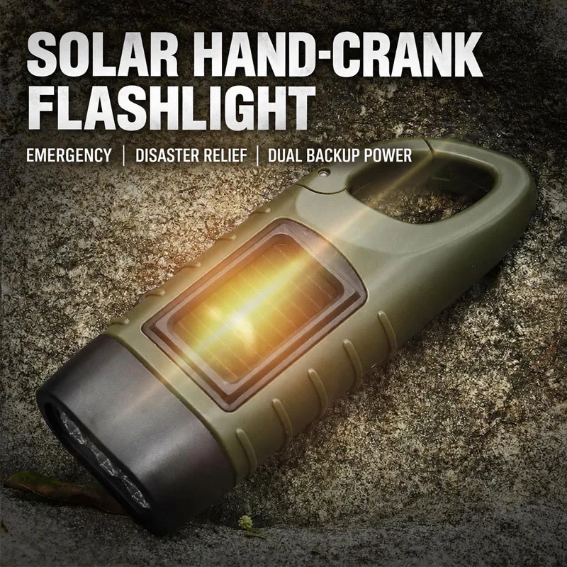 Multi-Purpose Emergency Solar Hand Crank Flashlight Carabiner Hook LED Torch with USB Output Power Bank Portable Rechargeable - Image 3