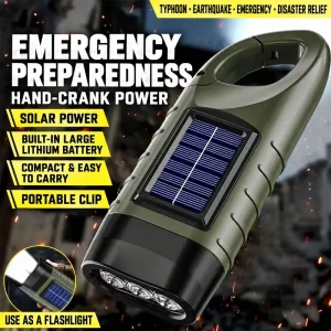 Multi-Purpose Emergency Solar Hand Crank Flashlight Carabiner Hook LED Torch with USB Output Power Bank Portable Rechargeable