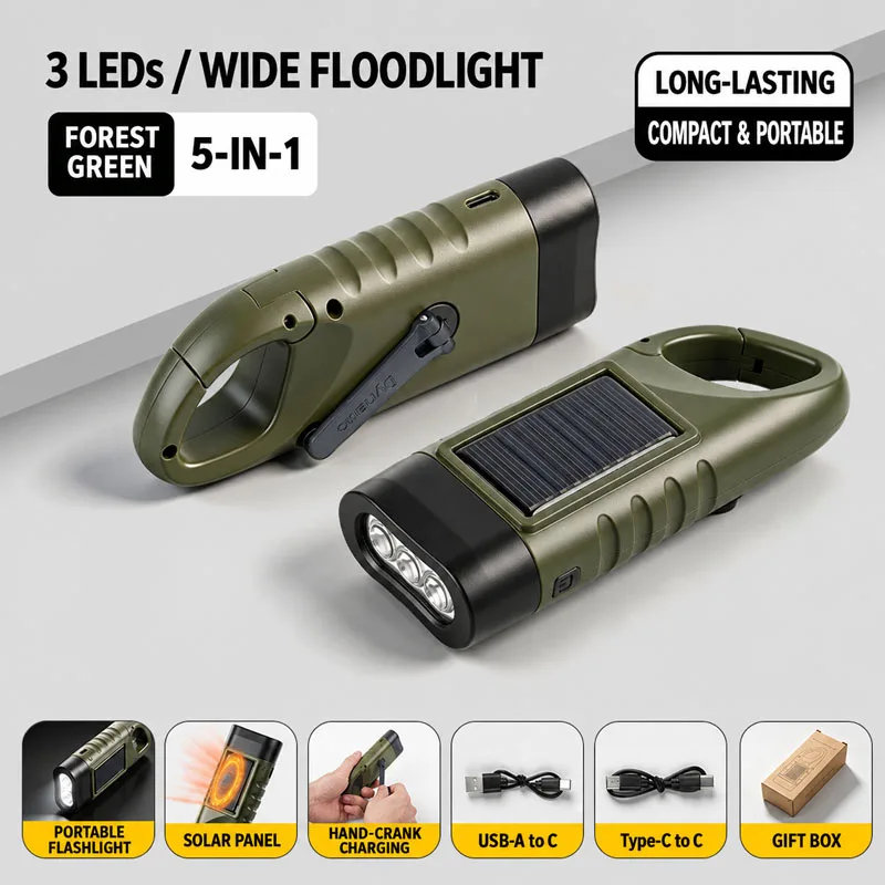 Multi-Purpose Emergency Solar Hand Crank Flashlight Carabiner Hook LED Torch with USB Output Power Bank Portable Rechargeable - Image 5