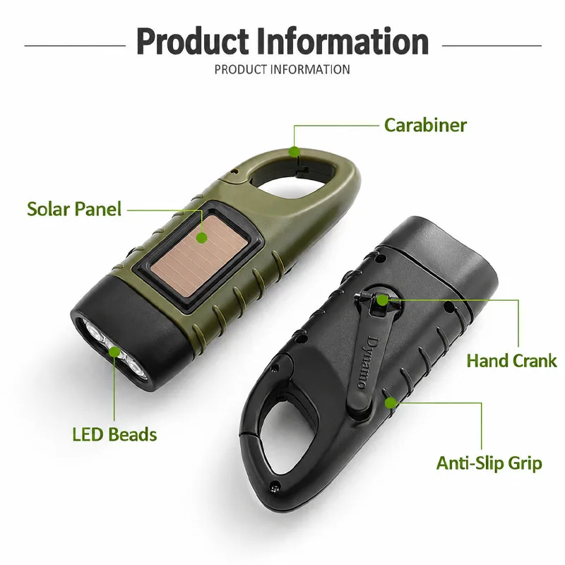 Multi-Purpose Emergency Solar Hand Crank Flashlight Carabiner Hook LED Torch with USB Output Power Bank Portable Rechargeable - Image 6