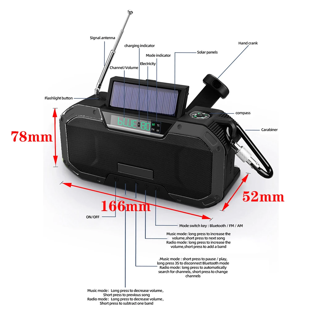 Multi-purpose Emergency Radio Hand Crank USB Rechargeable On Batteries Solar Portable FM Radio Flashlight Reading Lamp SOS Alarm - Image 5