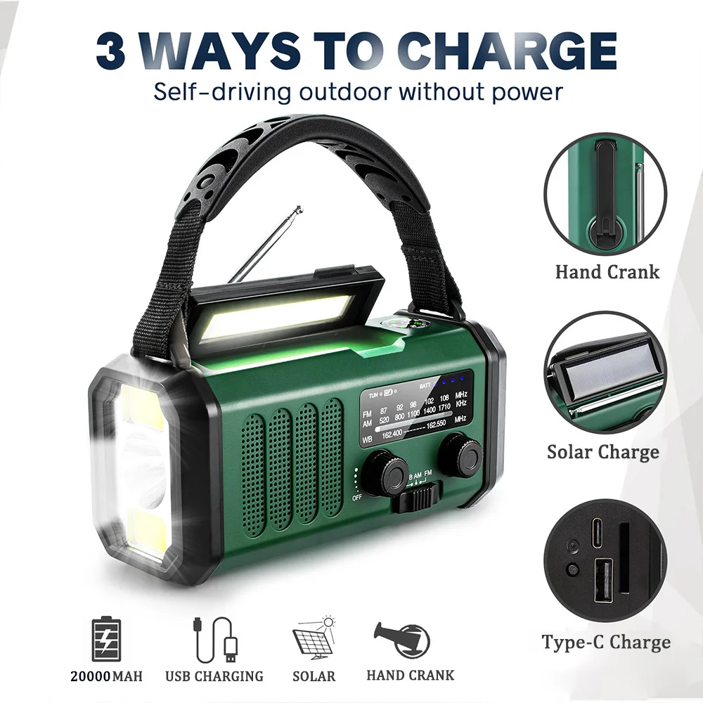 Multifunction 20000mAh Emergency Radio AM/FM/NOAA Weather Radio Solar Hand Crank Generator Radio Flashlight SOS Alarm Power Bank - Image 2
