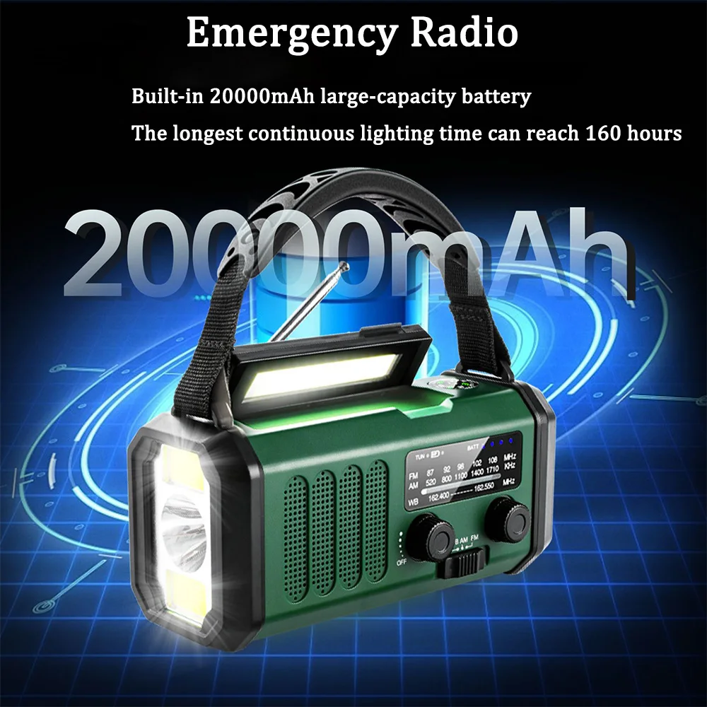 Multifunction 20000mAh Emergency Radio AM/FM/NOAA Weather Radio Solar Hand Crank Generator Radio Flashlight SOS Alarm Power Bank - Image 4