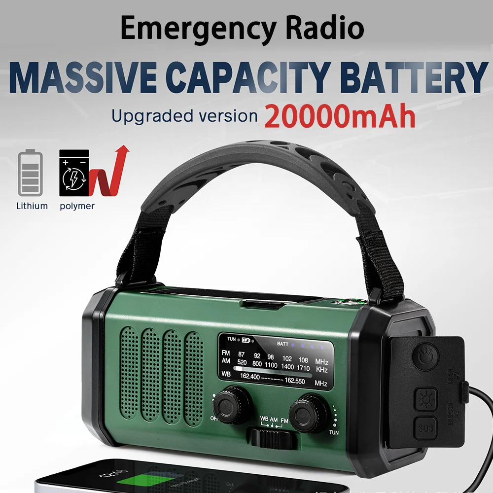 Multifunction 20000mAh Emergency Radio AM/FM/NOAA Weather Radio Solar Hand Crank Generator Radio Flashlight SOS Alarm Power Bank