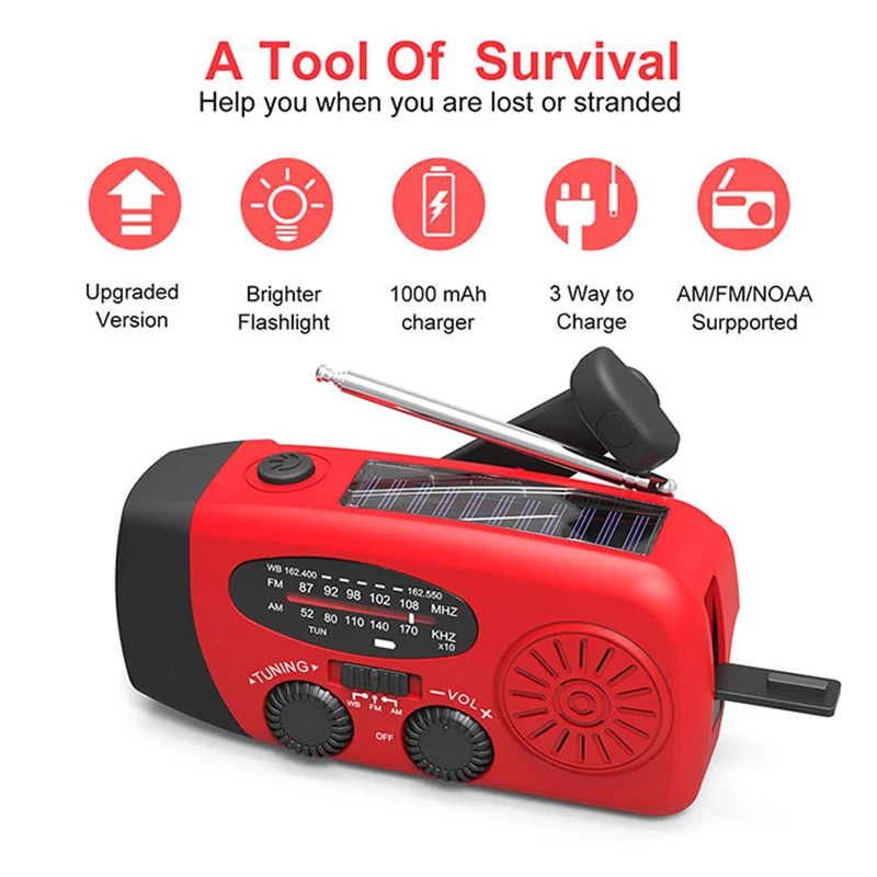 Multifunctional AM/FM/NOAA Portable Weather Radio Emergency Hand Crank Radio Power Bank Solar Charging with LED Flashlight - Image 2