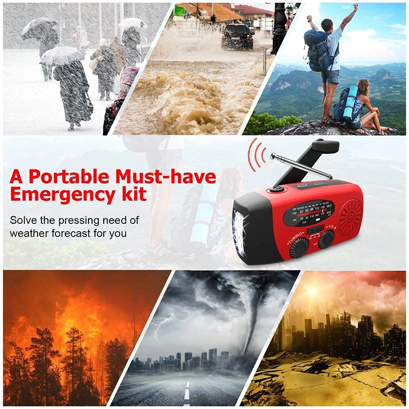 Multifunctional AM/FM/NOAA Portable Weather Radio Emergency Hand Crank Radio Power Bank Solar Charging with LED Flashlight - Image 3