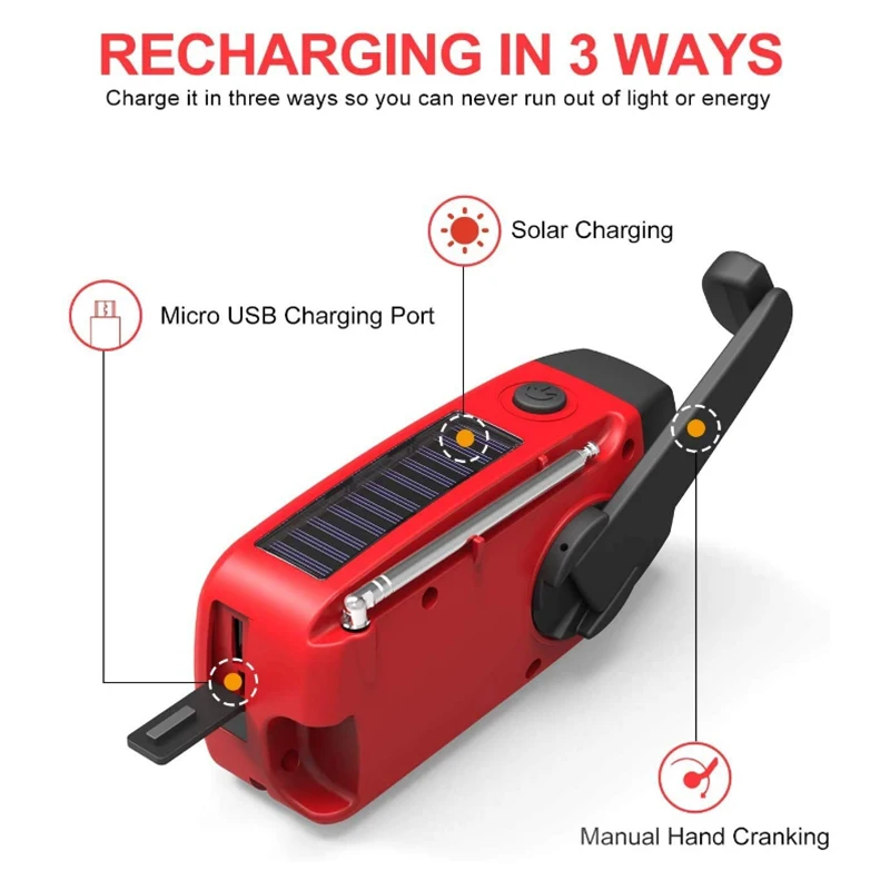 Multifunctional AM/FM/NOAA Portable Weather Radio Emergency Hand Crank Radio Power Bank Solar Charging with LED Flashlight - Image 5