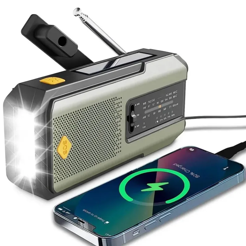 Multifunctional Emergency Weather Radio FM AM WB Hand Crank Solar USB Charging 2000mAh Power Bank LED Flashlight Torch - Image 2