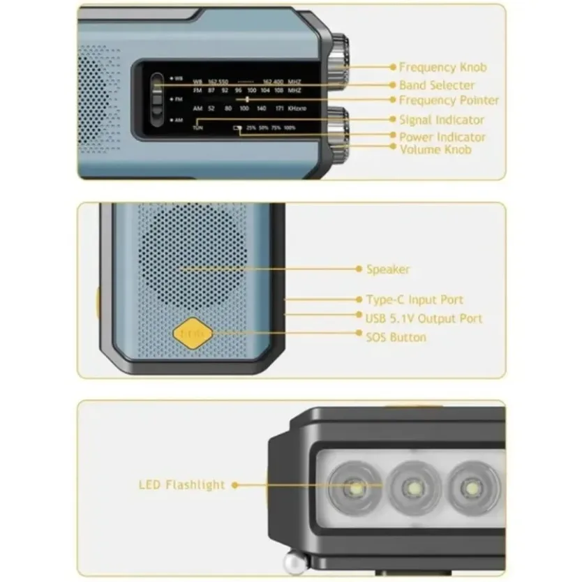 Multifunctional Emergency Weather Radio FM AM WB Hand Crank Solar USB Charging 2000mAh Power Bank LED Flashlight Torch - Image 6
