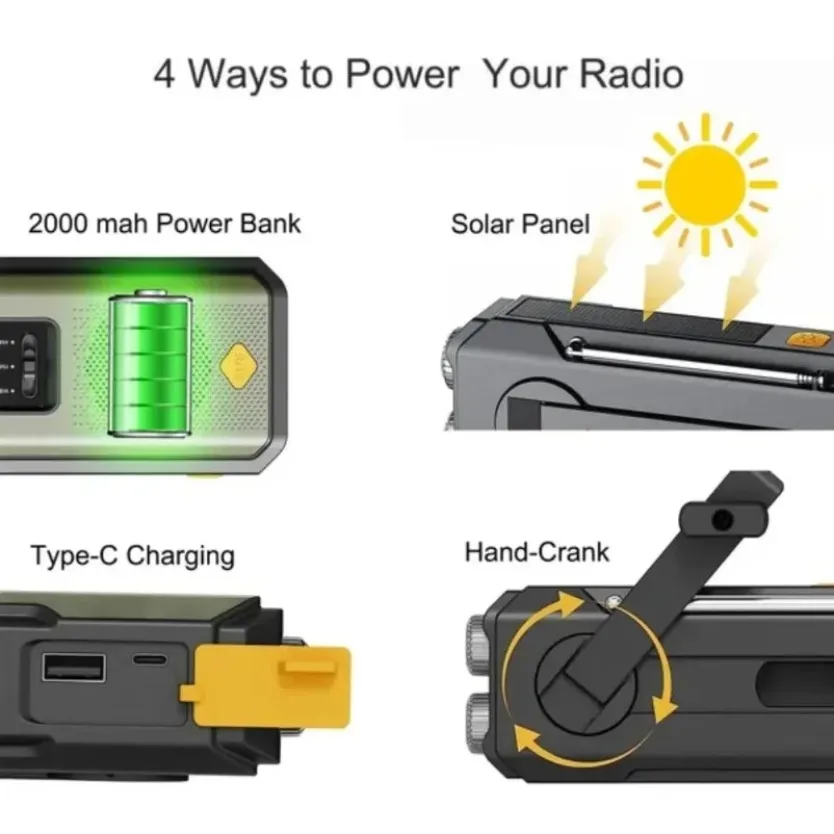 Multifunctional Emergency Weather Radio FM AM WB Hand Crank Solar USB Charging 2000mAh Power Bank LED Flashlight Torch - Image 3