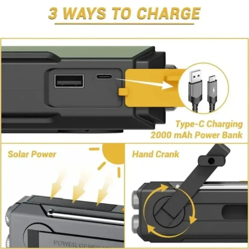 Multifunctional Emergency Weather Radio FM AM WB Hand Crank Solar USB Charging 2000mAh Power Bank LED Flashlight Torch - Image 5