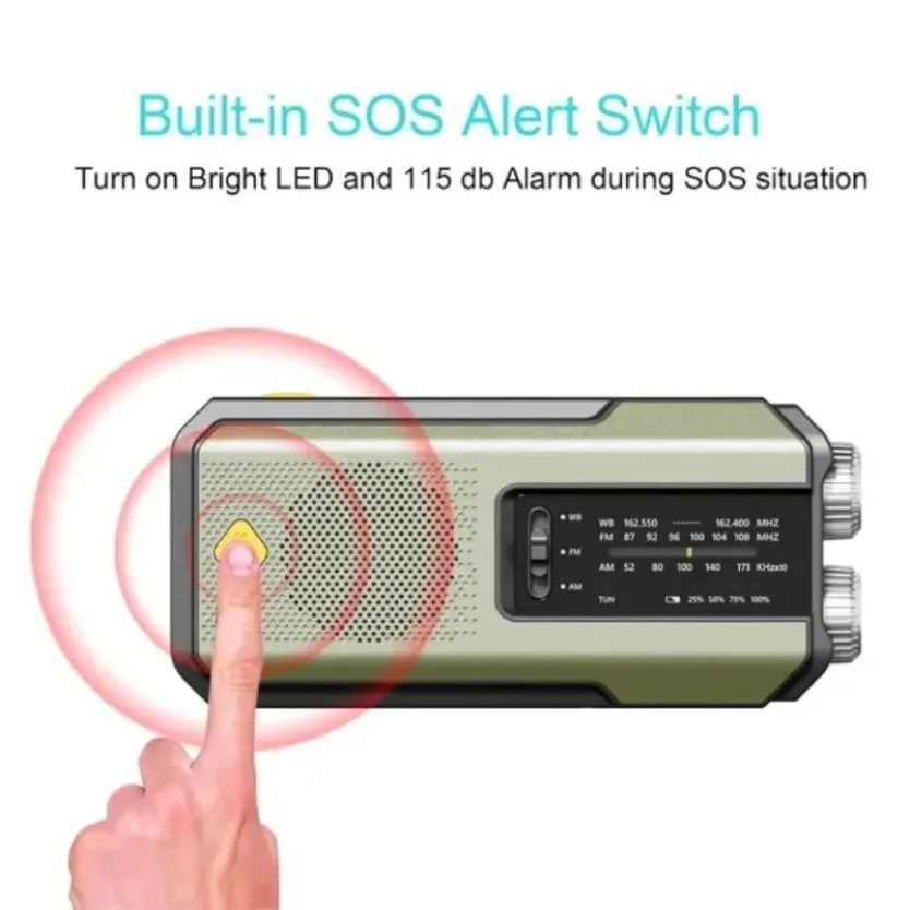 Multifunctional Emergency Weather Radio FM AM WB Hand Crank Solar USB Charging 2000mAh Power Bank LED Flashlight Torch