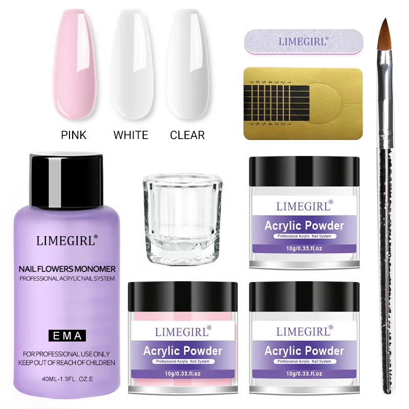 Nail Crystal Powder Kit Acrylic Liquid Set With Nail Brush Pink White Nails Powder For Nails Extension Carving Beginner Set