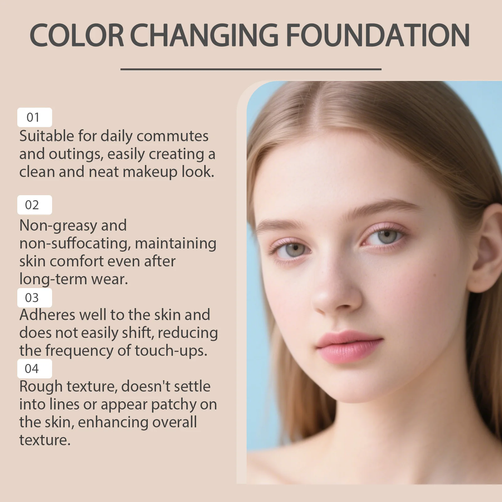 Natural Warm Tone Foundation, Facial Evening Tone, Soft Makeup Finish, Long-Lasting Radiance, Delicate & Sheer Texture - Image 3