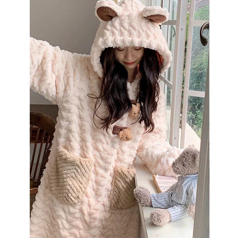New Autumn Winter Girl Thickened Fleece Hooded Robe Women Long Pajamas Students Ladies Warm Soft Loungewear Lady Casual Homewear - Image 3