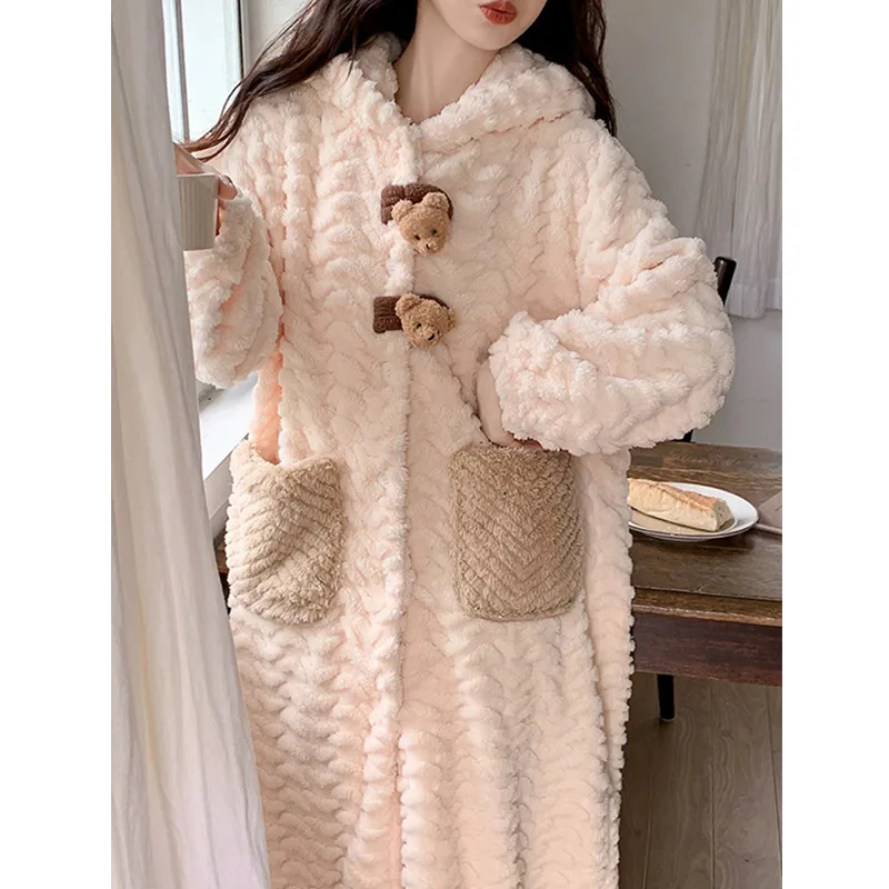 New Autumn Winter Girl Thickened Fleece Hooded Robe Women Long Pajamas Students Ladies Warm Soft Loungewear Lady Casual Homewear - Image 5