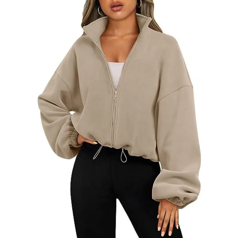 New Fashion Fall Winter Women's Short Zipper Hoodie Cropped Sweatshirt Drawstring Waist Puff Sleeve Pullover Y2k Clothing - Image 2