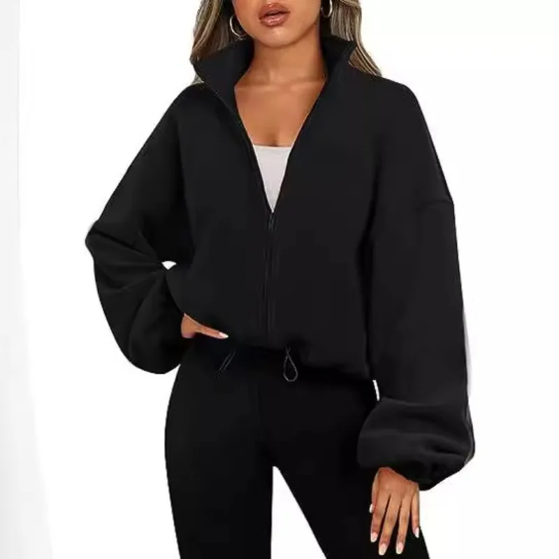 New Fashion Fall Winter Women's Short Zipper Hoodie Cropped Sweatshirt Drawstring Waist Puff Sleeve Pullover Y2k Clothing - Image 5