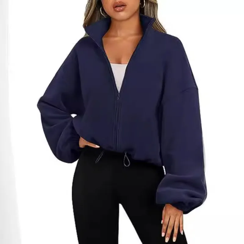 New Fashion Fall Winter Women's Short Zipper Hoodie Cropped Sweatshirt Drawstring Waist Puff Sleeve Pullover Y2k Clothing - Image 3