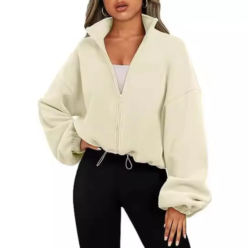 New Fashion Fall Winter Women's Short Zipper Hoodie Cropped Sweatshirt Drawstring Waist Puff Sleeve Pullover Y2k Clothing - Image 4