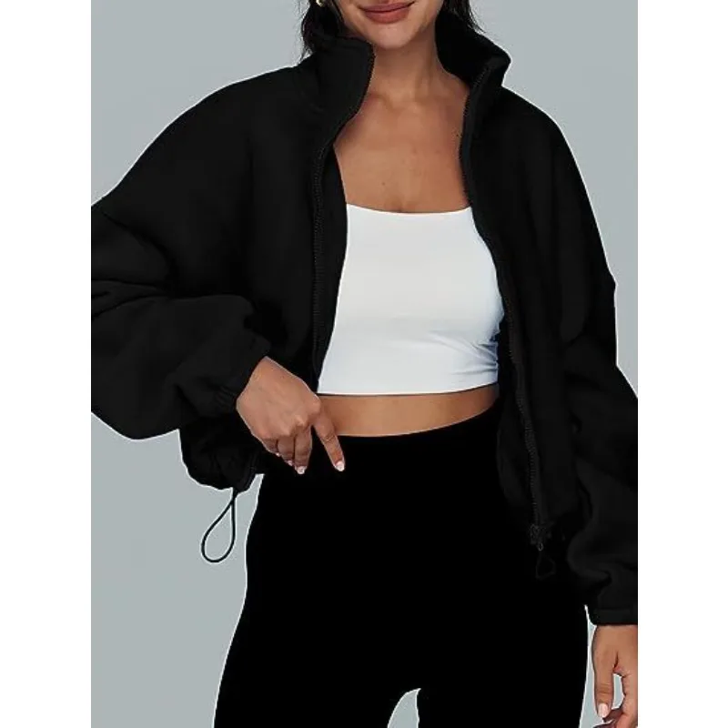 New Fashion Fall Winter Women's Short Zipper Hoodie Cropped Sweatshirt Drawstring Waist Puff Sleeve Pullover Y2k Clothing - Image 6