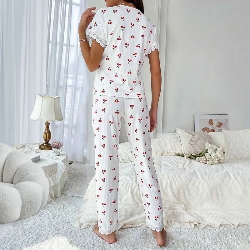 New Fashion Women's Pajamas Autumn and Winter Collar Lace Printed Shirt Trousers Homewear Homewear Homewear Lingerie - Image 4
