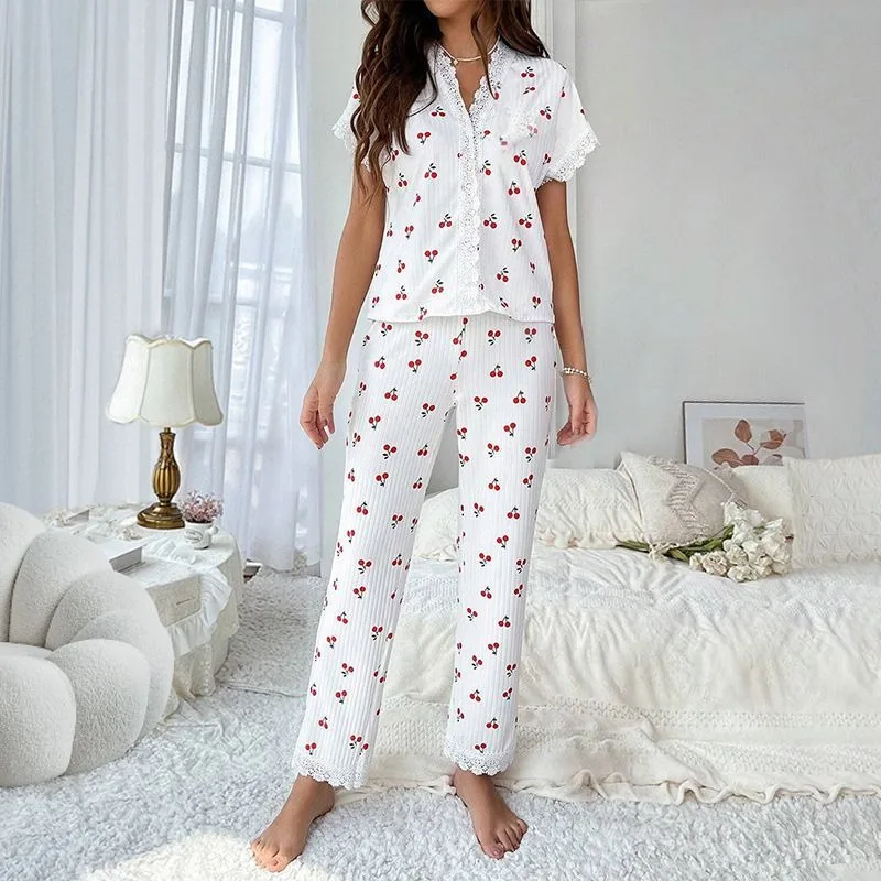New Fashion Women's Pajamas Autumn and Winter Collar Lace Printed Shirt Trousers Homewear Homewear Homewear Lingerie - Image 3