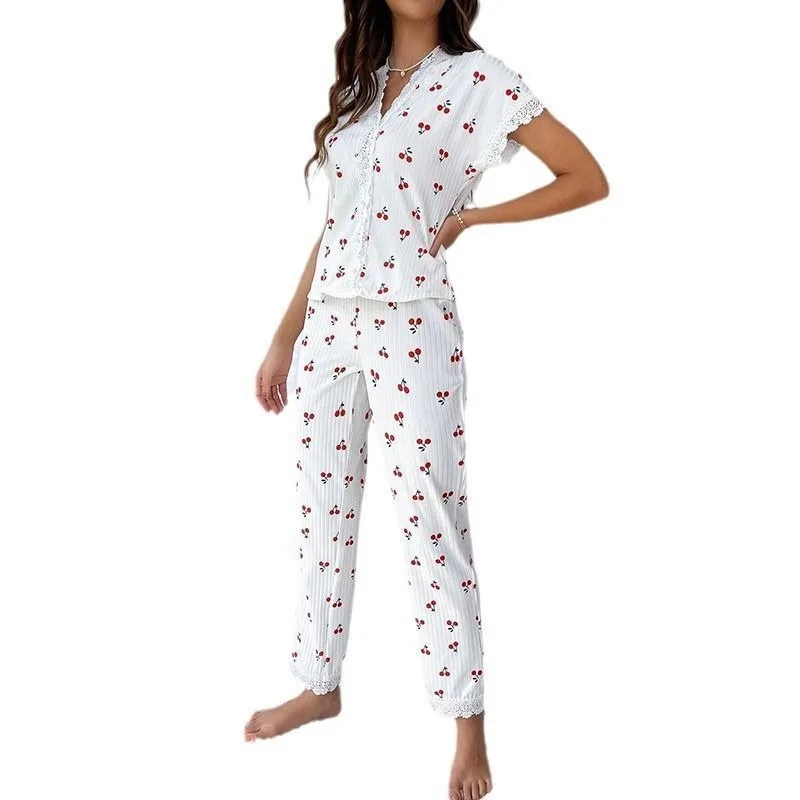 New Fashion Women's Pajamas Autumn and Winter Collar Lace Printed Shirt Trousers Homewear Homewear Homewear Lingerie - Image 6