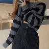 New Korean Style Striped Cropped Sweater Women Vintage Oversize Knit Jumper Female Autumn Long Sleeve O-neck Pullovers Tops