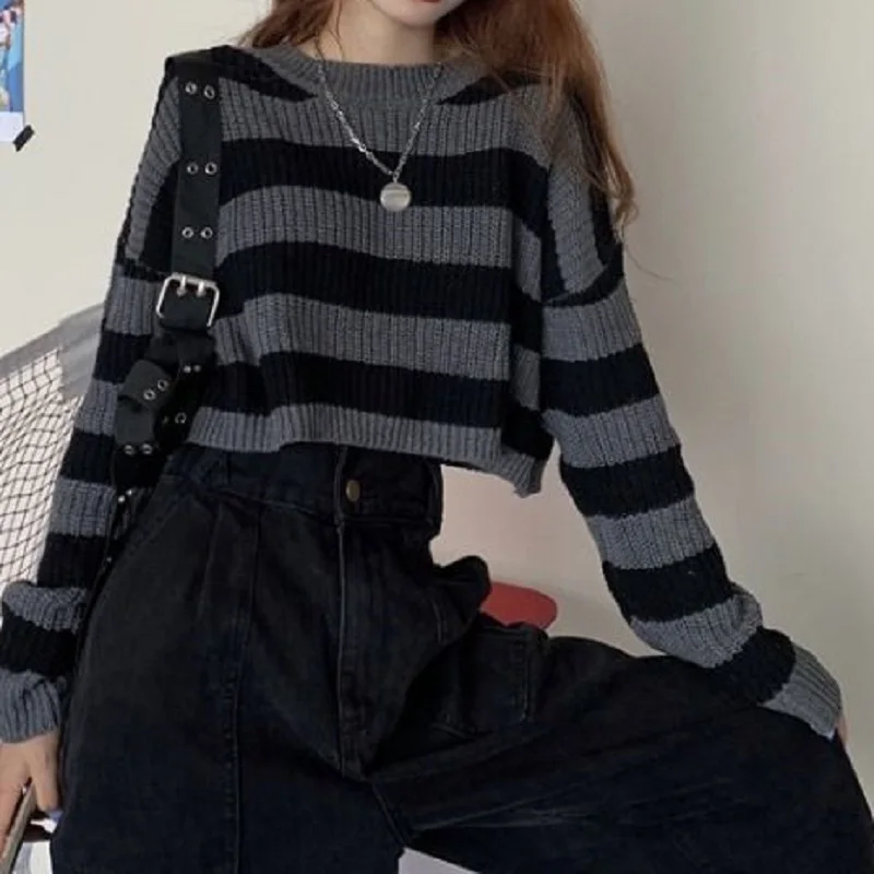 New Korean Style Striped Cropped Sweater Women Vintage Oversize Knit Jumper Female Autumn Long Sleeve O-neck Pullovers Tops - Image 4