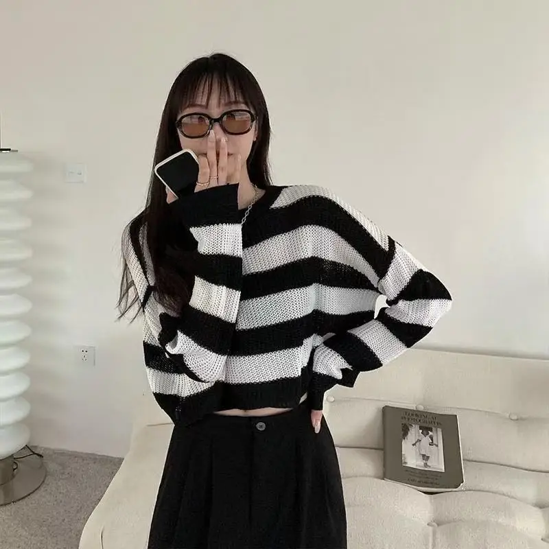 New Korean Style Striped Cropped Sweater Women Vintage Oversize Knit Jumper Female Autumn Long Sleeve O-neck Pullovers Tops - Image 6