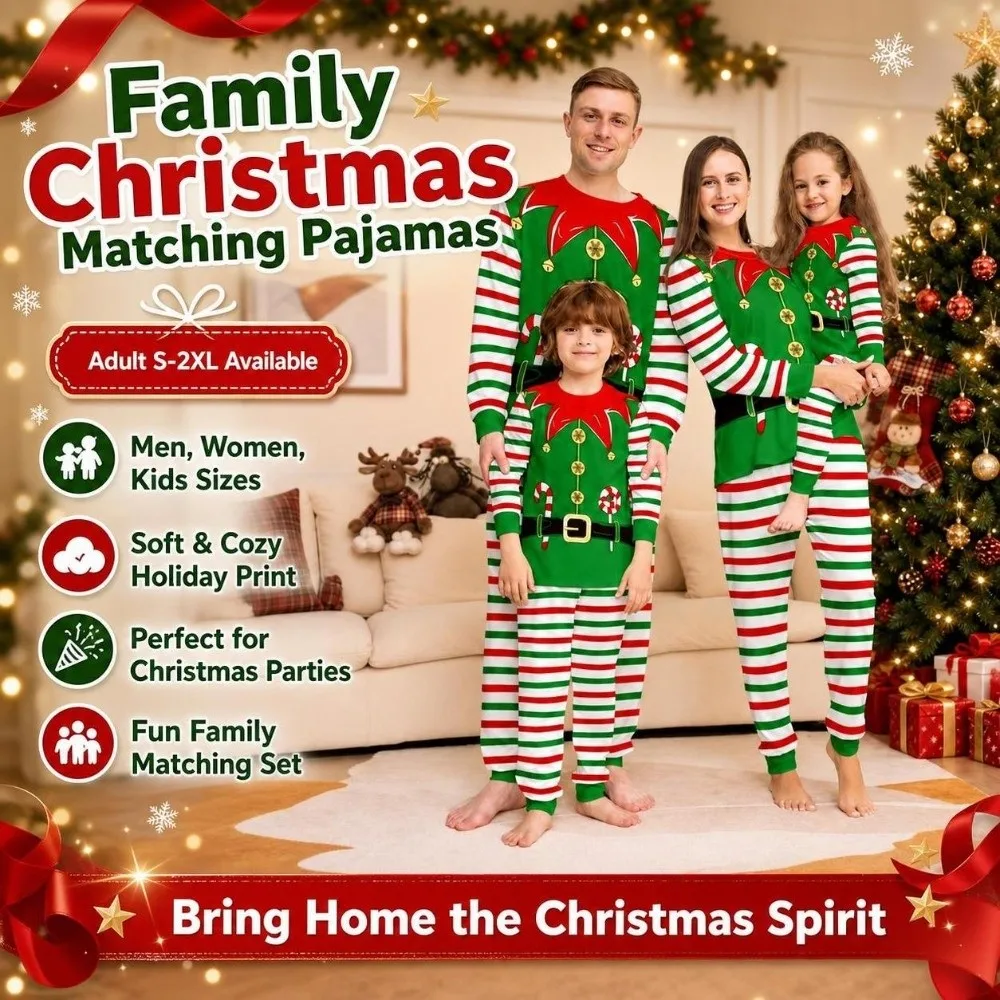 New Long Sleeve Christmas Pyjamas Set Striped Clown Printed Top+Pants Costume Elf Family Matching Pyjamas Adult - Image 2