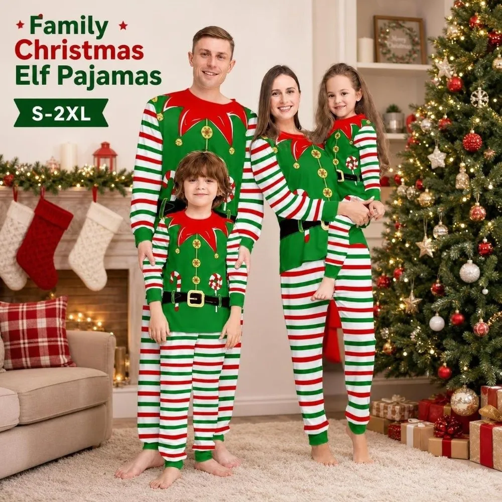 New Long Sleeve Christmas Pyjamas Set Striped Clown Printed Top+Pants Costume Elf Family Matching Pyjamas Adult - Image 6