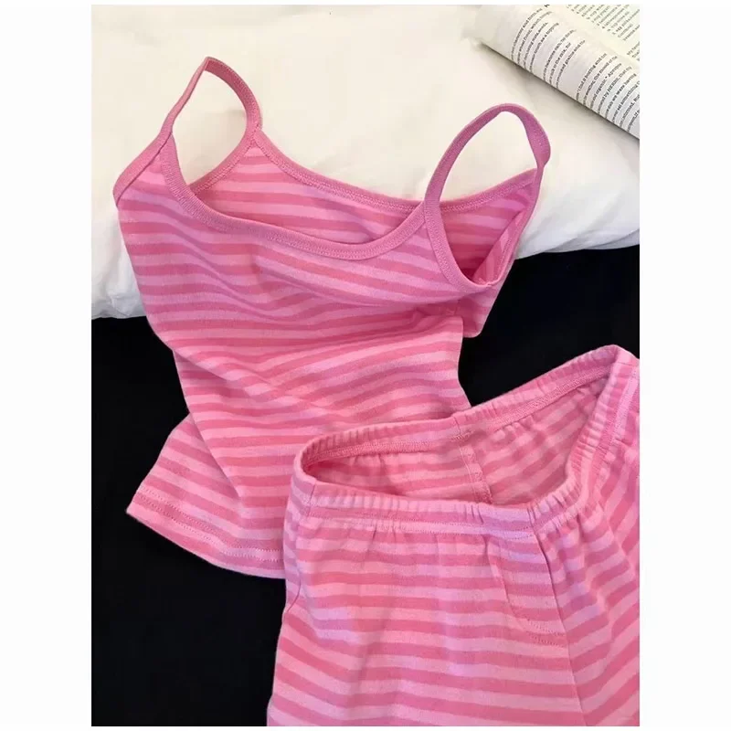 New Summer Women Pajamas Two Piece Set Dopamine Pink Striped Camisole Top And Shorts Casual Sweet And Comfortable Home Wear Set - Image 2
