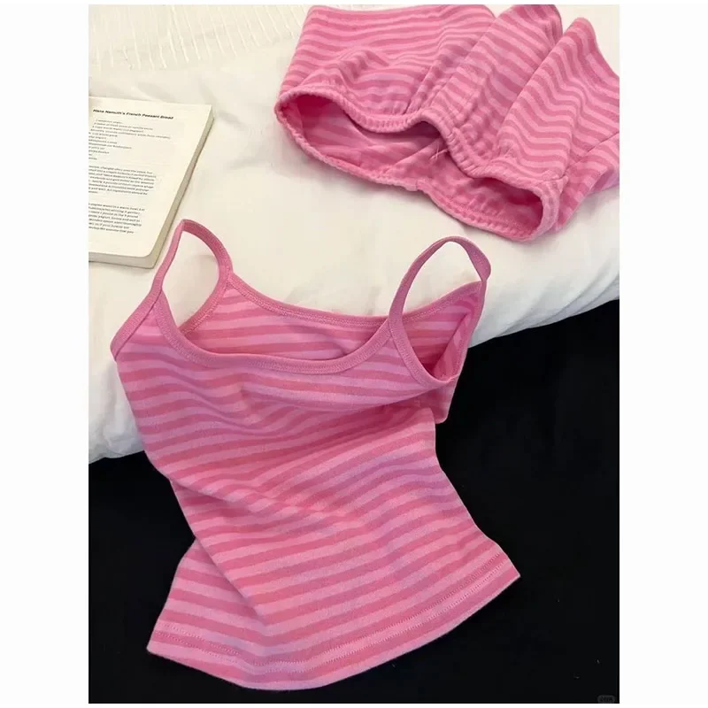 New Summer Women Pajamas Two Piece Set Dopamine Pink Striped Camisole Top And Shorts Casual Sweet And Comfortable Home Wear Set - Image 4