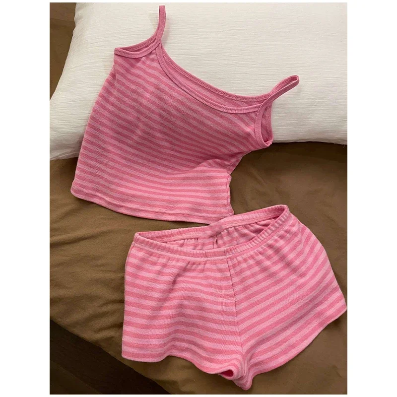 New Summer Women Pajamas Two Piece Set Dopamine Pink Striped Camisole Top And Shorts Casual Sweet And Comfortable Home Wear Set - Image 3