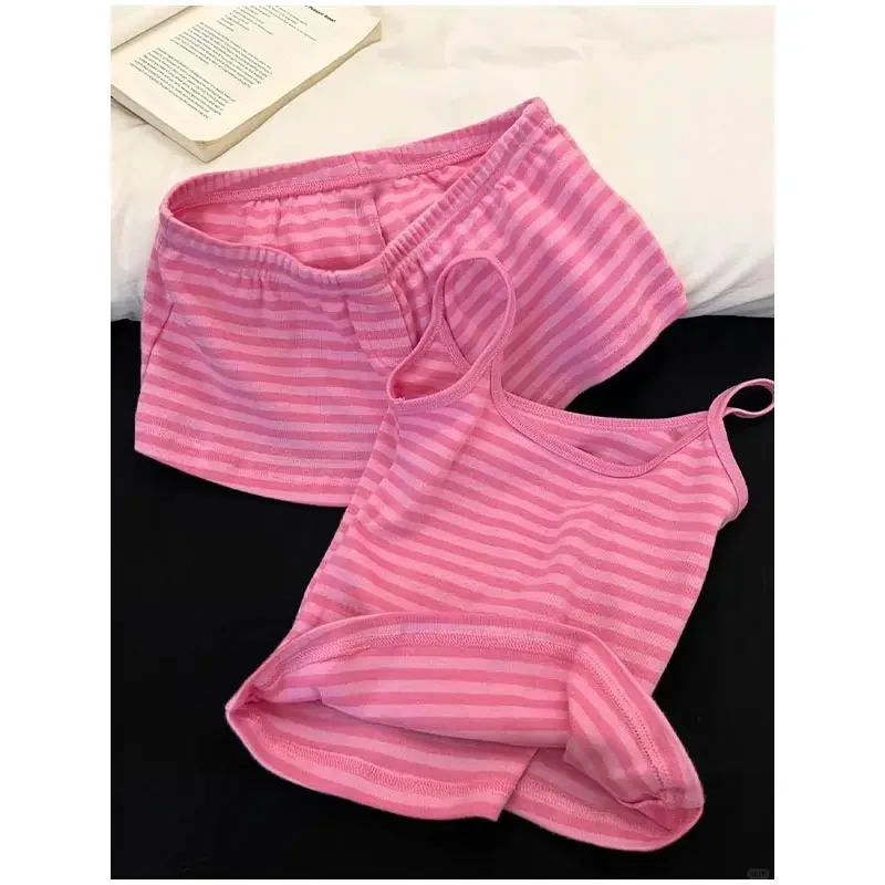 New Summer Women Pajamas Two Piece Set Dopamine Pink Striped Camisole Top And Shorts Casual Sweet And Comfortable Home Wear Set - Image 5