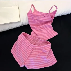 New Summer Women Pajamas Two Piece Set Dopamine Pink Striped Camisole Top And Shorts Casual Sweet And Comfortable Home Wear Set