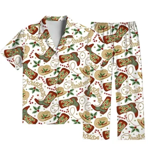New Western Cowboy-Style Christmas Loungewear: Short-Sleeve Top & Pants Set – Matching Family Pajamas for Men, Women, and Kids
